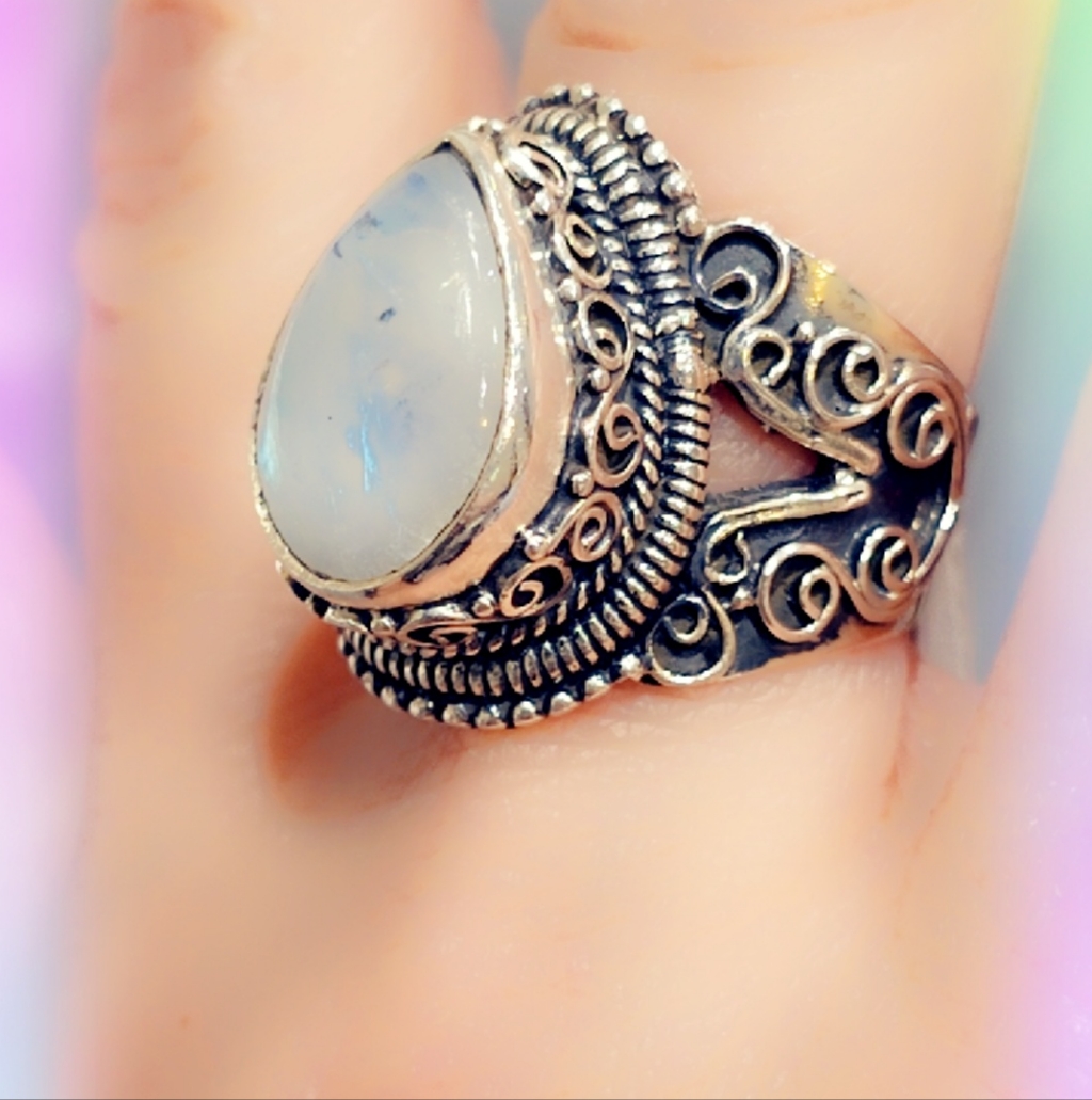 Rainbow Moonstone Sterling Gemstone Ring 147$